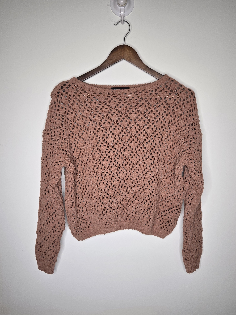 Moon & Madison Dusty Rose Boho Openwork Knit Slouchy Crewneck Sweater Size S